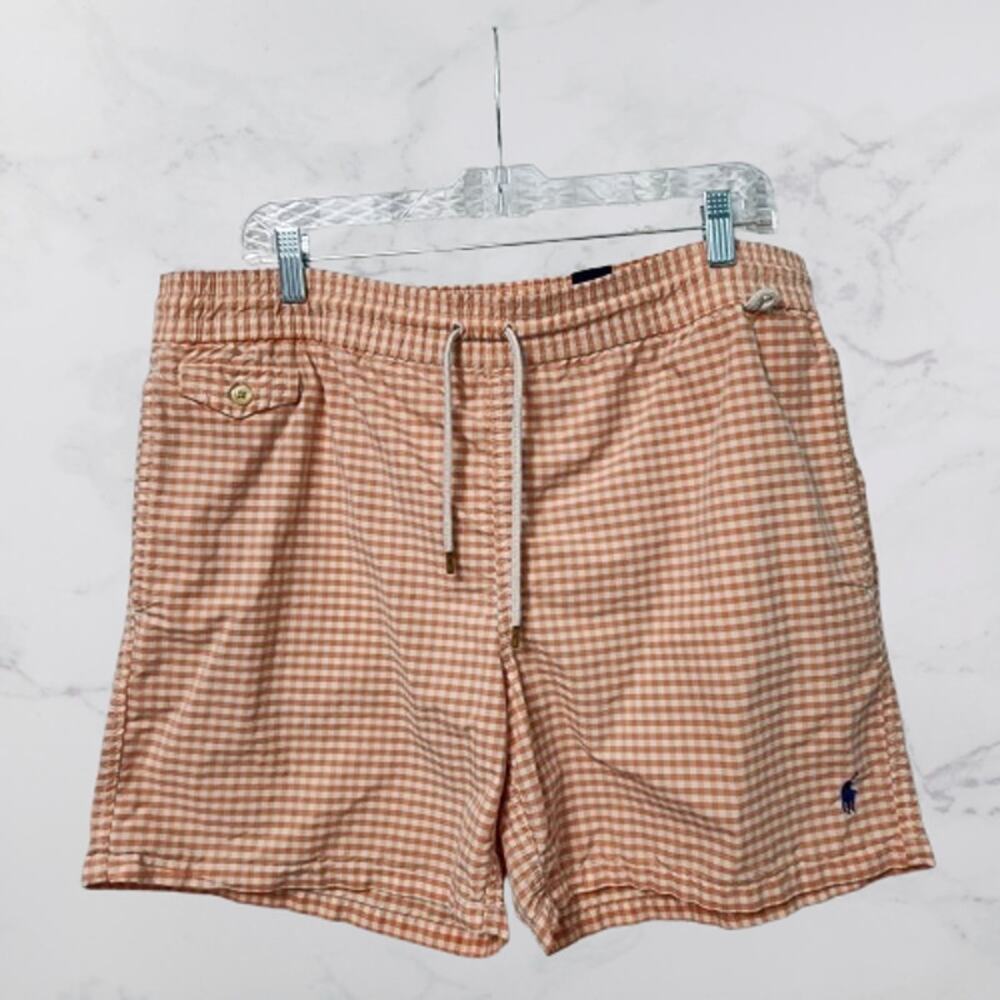 POLO Ralph Lauren Swim Shorts Drawstring Pockets Orange Gingham Medium